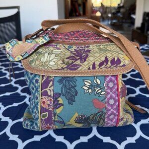 Fossil Patchwork Canvas Leather Crossbody Bag Boho Floral Print Adjustable Strap